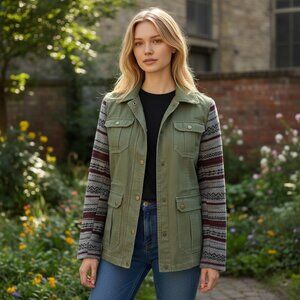 Jack Button Up Long Sleeve Green Jacket with Sweater Sleeves Front Pockets Small